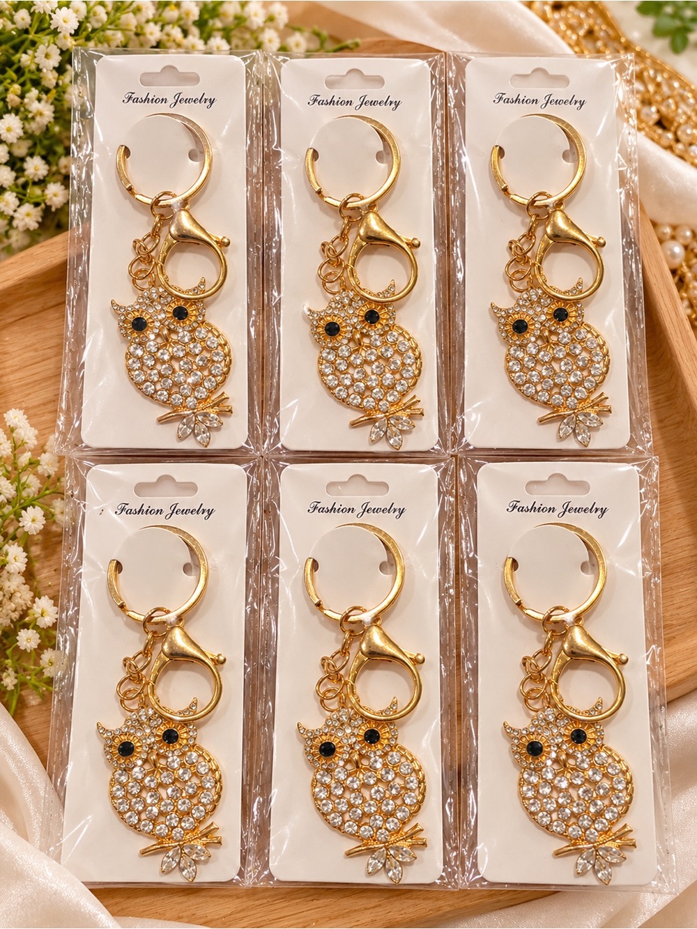 6 Gold Owl Crystal Keychain Charm - Fashion Jewelry